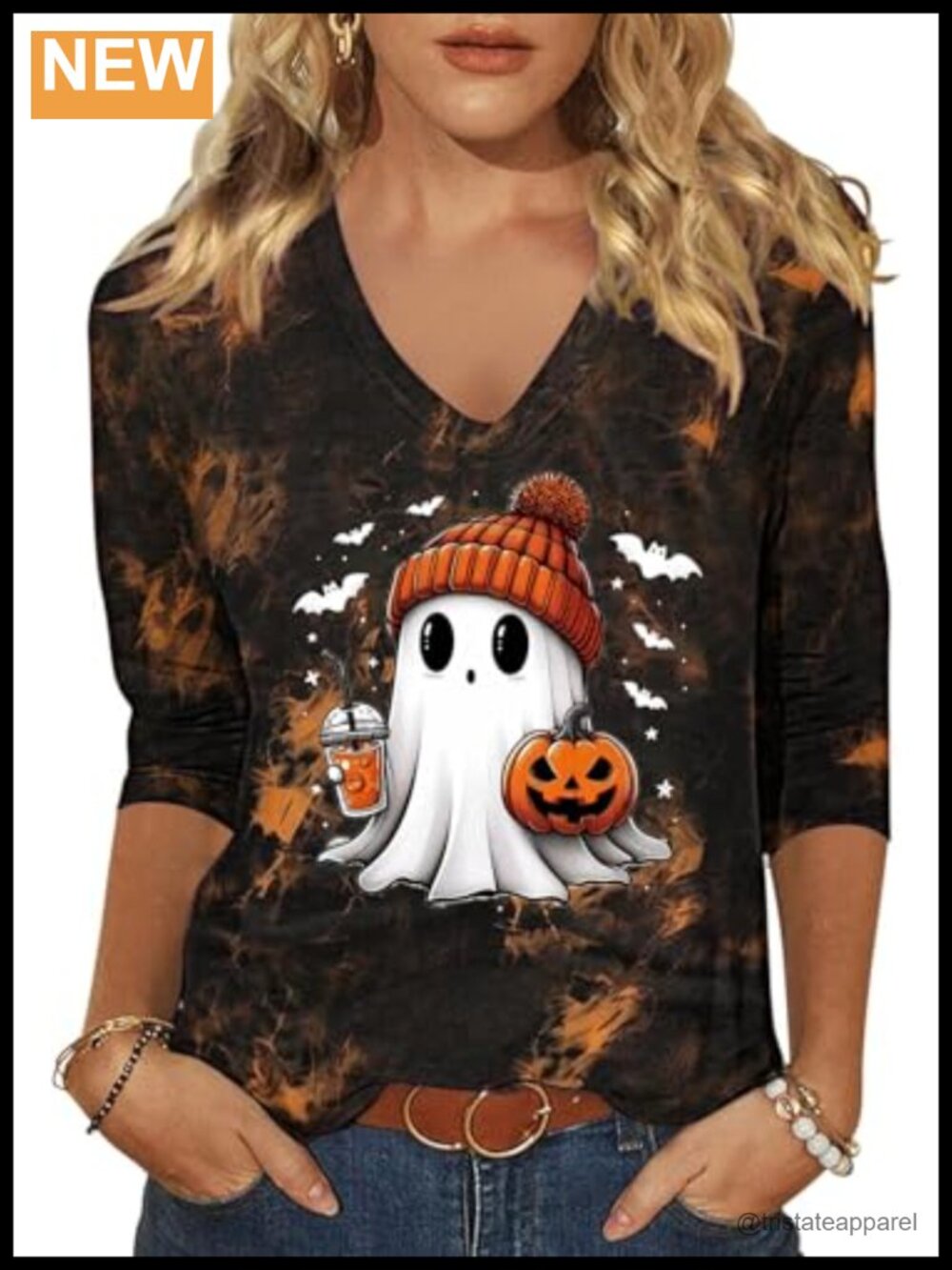 Womens Halloween 3/4 Sleeve V Neck Graphic T-Shirt - Picture 1 of 1